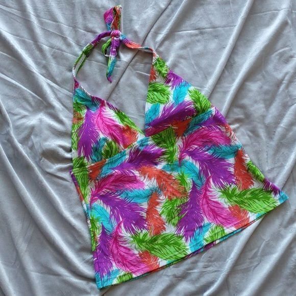 Delia*s Bright Multicolored Feather Print Tankini Top Sz L - Picture 1 of 12